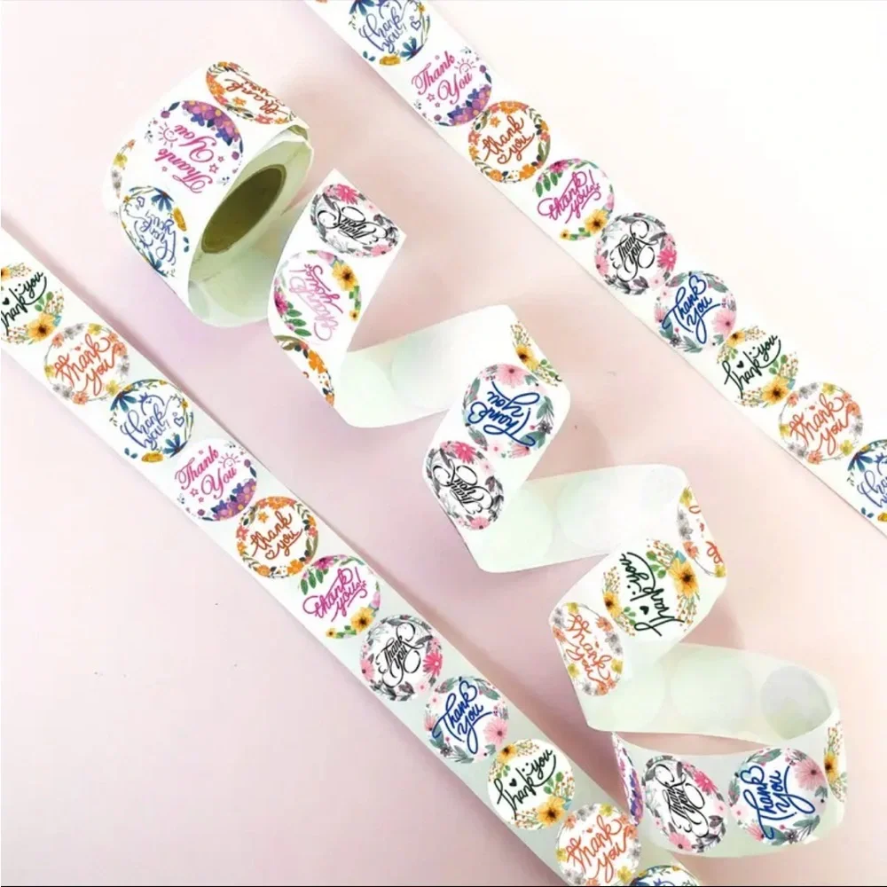 Roll of 500 Thank You Round Floral Stickers Bright Colors
